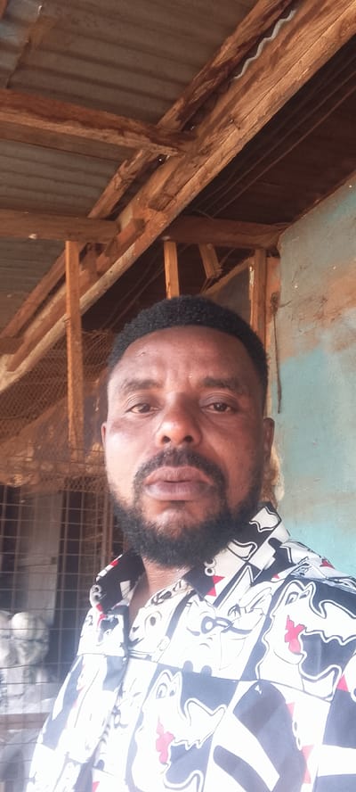 A close-up, waist-up, outdoor, selfie-style portrait shows a Black man with a short beard and black hair. He is wearing a black and white patterned shirt with cartoonish designs. He is looking directly at the camera. Behind him is a rustic, unfinished structure with visible wooden beams and corrugated metal roofing. To the left, a wire mesh fence is visible, and beyond that, indistinct white objects appear to be housed within. The wall to his right is a pale, mottled blue-green color. The image was taken in Ajio, Nigeria.