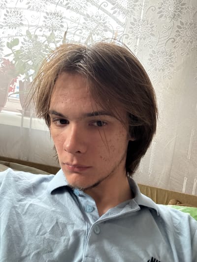 A close-up, medium shot depicts a young male with light brown hair and fair skin, looking directly at the camera. He is wearing a light blue polo shirt with two buttons at the collar. The background features a window with a white patterned curtain. A potted plant is visible to the left of the frame, partially obscured by the curtain. The image appears to have been taken indoors, likely in a residential setting, as suggested by the domestic background elements. The subject's facial expression is neutral, and his pose is relaxed. The lighting is soft, likely from natural light coming through the window. The scene appears to be in the city of Seleznivka, Ukraine.