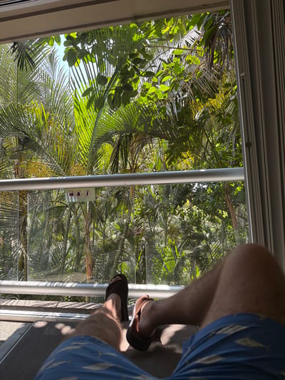 A man wearing blue patterned shorts and brown flip-flops is standing on a gray textured surface near a glass railing or window. The view through the glass shows lush green foliage, possibly tropical trees, with sunlight filtering through the leaves. A sign with pictograms is attached to the railing. The location is Las Jarretaderas, Mexico.