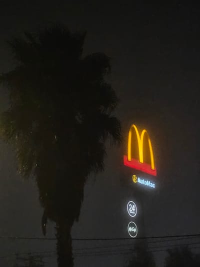 This is a nighttime, medium shot photograph taken in the city of San Fernando, Chile, featuring a McDonald's restaurant. A large, silhouetted palm tree dominates the left side of the frame, its fronds spread out against a dark, hazy sky. To the right of the palm tree, the iconic golden arches of a McDonald's sign are brightly illuminated in yellow and red. Below the arches, the text "AutoMac" is visible in white lettering, indicating a drive-thru service. Further down, two circular illuminated signs are present: one with the number "24" in a circle with the word "abierto" (open in Spanish) below it, signifying 24-hour operation, and another with the "McCafé" logo. The overall atmosphere is dark and slightly mysterious due to the nighttime setting and the surrounding darkness. There are no people visible in the image.