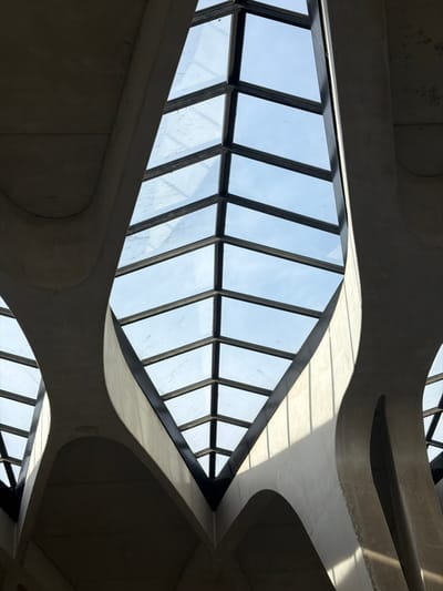 The image presents an upward-looking view within the TGV station at Lyon-Saint Exupéry Airport in Colombier-Saugnieu, France. A large, diamond-shaped skylight occupies the central portion of the frame, segmented into numerous trapezoidal and triangular glass panes by dark, rectilinear framing. These panes reveal a clear, light blue sky with some minor surface streaks, possibly from moisture or dust, on the glass. The skylight is structurally supported by massive, curvilinear concrete elements that form organic, undulating arches and vaults. Strong, directional natural light streams through the skylight, casting pronounced shadows across the smooth, grey concrete surfaces, creating high contrast and defining the architectural forms. Portions of similar skylight systems and supporting arches are visible in the periphery, indicating a larger, intricate ceiling design. No individuals or movable objects are present in the scene.