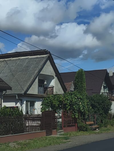 The image shows a residential area in Sighetu Marmatiei, Romania. In the foreground, there is a street with a grassy verge and a dark asphalt road. A brown metal fence separates the street from a property with a house and vegetation. The house has a white facade and a gray tiled roof. On a balcony on the upper level of the house, a white decorative bird figure is visible.
Behind the first house, a second house with a dark brown tiled roof is partially visible. This house also has a balcony with a wooden railing. Dense green foliage, including trees and vines, surrounds the houses and obscures parts of the property. A wooden bench is placed in front of the second house, near the fence. The sky is blue with scattered white and gray clouds. Power lines are visible crossing the upper portion of the image. The overall scene depicts a tranquil residential street with typical European architecture and landscaping.