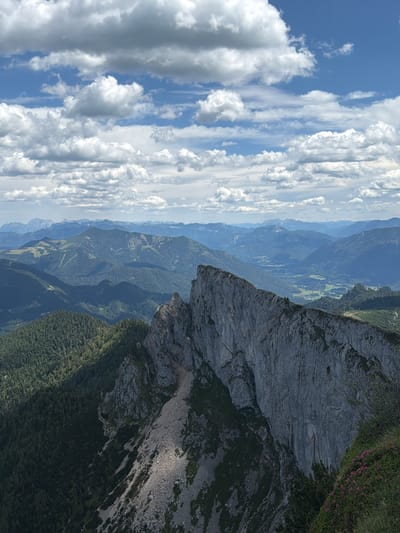The image is a landscape view from a mountain summit, overlooking a valley and other mountain ranges. The foreground features a sheer, rocky cliff face with a sharp ridgeline extending into the distance. The cliff is light gray and textured, with visible cracks and striations. Green vegetation, including trees and smaller plants with pink flowers, grows on the lower slopes and along the edge of the cliff.
In the mid-ground, the terrain transitions to a densely forested mountainside, with dark green coniferous trees covering a steep slope. Further into the distance, the landscape unfolds into a series of rolling, blue-hued mountain ranges, characteristic of the Austrian Alps. The valley floor in the distance shows patches of green fields and possibly some human settlements, with roads winding through the landscape. The sky is a vibrant blue, filled with scattered white cumulus clouds, some of which are shaded gray, indicating their depth and density.
The scene is a natural mountain environment, likely captured on a partly cloudy day. The perspective suggests the photographer is standing on a high vantage point, looking down and across the mountainous terrain. Based on the distinctive landscape and the prompt's context, this view is likely from a prominent peak in or around St. Wolfgang im Salzkammergut, Austria, such as the Schafberg or Zwölferhorn, offering panoramic views of the Salzkammergut region's dramatic topography. There are no people or animals visible in the image.