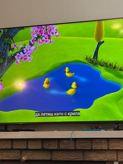 The image is a close-up of a television screen displaying a cartoon scene. The cartoon depicts a blue pond with three yellow ducklings swimming in it. The surrounding environment is bright green, suggesting a grassy landscape. A flowering tree with pink blossoms is also visible in the foreground. Text in a foreign language is displayed vertically on the right side of the screen. The television is located indoors, with a white wall and a brick fireplace surround visible in the background. There is no indication that this image is from Bearpark, United Kingdom.