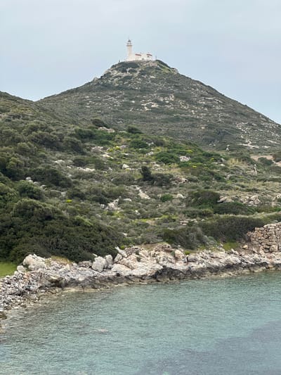 This image captures a serene coastal landscape in Datça, Turkey, featuring a verdant, rocky hillside descending to a clear, turquoise sea under an overcast sky.
The main subject is a large, steep hill or mountain, densely covered in various shades of green, scrubby vegetation, interspersed with exposed grey and white rock formations. Towards the summit of the hill, a prominent white building complex, resembling a lighthouse or a small chapel, stands out against the muted sky. It features a distinctive tower and other white structures adjacent to it.
The base of the hill meets the water with a rugged, rocky shoreline. This coastline consists of a mix of large, jagged rocks and smaller pebbles, with patches of green grass and resilient plants growing among the stones.
The sea, occupying the right side of the frame, is remarkably clear and calm, revealing a beautiful light turquoise hue. The clarity of the water suggests a shallow depth near the shore. The surface shows gentle ripples, indicating minimal wind.
There are no people or specific activities depicted in the photograph. The scene is a natural landscape, peaceful and undisturbed. The soft, diffused lighting, resulting from the overcast sky, suggests it is daytime, possibly morning or afternoon. There is no visible text in the image. The overall impression is one of natural beauty and tranquility in a Mediterranean coastal environment.
