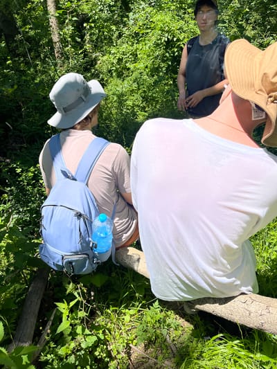 Three individuals are seated on a fallen tree trunk in a wooded area, likely in Petrovac-na-Mlavi Municipality, Serbia. Sunlight filters through the dense green foliage, illuminating the scene.
On the left, a person wearing a light-colored bucket hat and a light pink t-shirt with a light blue backpack is seen from behind. A plastic water bottle is attached to the backpack. To the right of this individual, another person, facing away from the camera, is wearing a white t-shirt and a tan sun hat. In the background, a third person, wearing a dark tank top and a baseball cap, stands and appears to be smoking, with visible smoke. The ground is covered in lush green grass and smaller plants, with several fallen branches scattered around. The overall atmosphere is casual and outdoorsy.