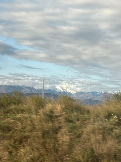 This image depicts a natural landscape scene, likely captured from a moving perspective in the vicinity of Canohès, France. The foreground is dominated by a blurred field of dry, tall brownish-green grasses and some greener vegetation, with a few small white floral clusters visible on the right. A wire fence with a single prominent vertical metal post spans horizontally across the midground. Beyond the fence, a distant mountain range is visible, characterized by snow-capped peaks and partially obscured by atmospheric haze or clouds. The sky above is largely overcast with grey and white clouds, interspersed with clear patches of blue, particularly towards the upper left. No individuals or specific actions are discernible within the frame. The overall environment suggests a rural or semi-rural setting under natural daylight conditions.