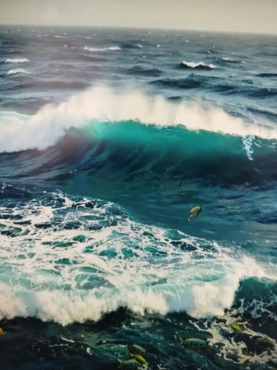 The image depicts a turbulent ocean with large waves crashing. The water is a deep blue-green, with white foam cresting the waves. A lone fish is visible swimming in the water. The sky is overcast and hazy. There is no visible indication of the city of Yashkino, Russia, or any human presence. The scene is one of natural, untamed ocean power.