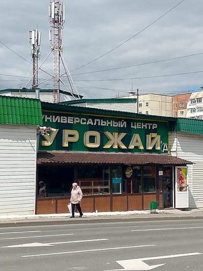 The image shows a street scene in Magadan, Russia, featuring a building with a large green sign that reads "УНИВЕРСАЛЬНЫЙ ЦЕНТР УРОЖАЙ" in large yellow and white letters. Below this sign is a dark brown awning covering the storefront. A woman wearing a light pink jacket and a matching hat is walking on the sidewalk in front of the building, carrying a white plastic bag. The building has white siding and a green corrugated metal roof. In the background, there are tall cell towers and several multi-story buildings. The street in the foreground has white lane markings, including a directional arrow. A green trash can is positioned near the entrance of the building.