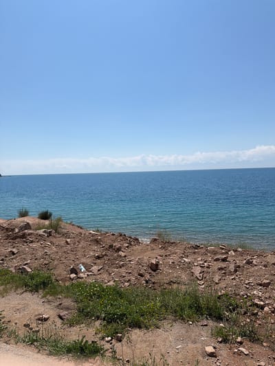 The image depicts a wide view of a large body of water, likely a lake, under a clear blue sky. The water is a deep blue in the distance, transitioning to a lighter turquoise near the shore. The shoreline is rugged and composed of reddish-brown earth mixed with numerous rocks and stones. Patches of green grass and sparse vegetation are growing on the embankment. In the foreground, the ground appears to be a dirt path with scattered pebbles and more vegetation. A single white plastic bottle is visible on the rocky embankment. The scene suggests an undeveloped, natural landscape on the outskirts of Bulan-Segettu, Kyrgyzstan, with the vastness of the water dominating the composition.