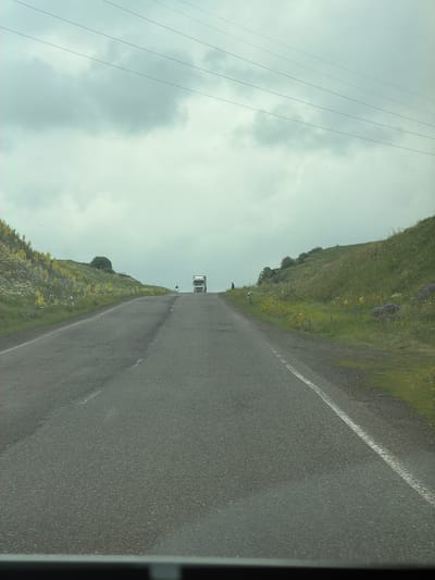 The image shows a two-lane road in Tsghuk, Armenia, with a truck approaching in the distance. The road is paved and in fair condition, with visible cracks and patches. The surrounding landscape is hilly and covered with green grass and wildflowers. The sky is overcast with a muted, greyish hue. Power lines are visible stretching across the upper portion of the image. On the left side of the road, a steep embankment is covered in dense vegetation, including clusters of yellow and white wildflowers, and several white markers are present. A solitary figure is visible on the right side of the road, standing near the edge of the incline. The overall scene suggests a rural, possibly mountainous, setting.