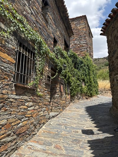 The image depicts a narrow, cobblestone street in the historic village of Patones De Arriba, Spain. The street is flanked by traditional stone buildings, some of which are adorned with climbing ivy. The architecture is characterized by rustic, slate-covered walls and terracotta tiled roofs. Sunlight casts sharp shadows across the cobblestones, indicating a bright, sunny day. In the background, a hillside with sparse vegetation and a cloudy sky can be observed. There are no people or animals present in the scene.
