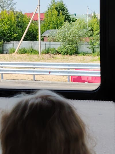 A person's head and blonde hair are visible in the foreground, obscuring the lower portion of the scene. The scene beyond them appears to be a roadside area with some construction or development. In the middle ground, there are three parallel horizontal metal barriers, likely guardrails, set on posts. Behind the guardrails is a sandy or gravelly area. Further in the background, there is a metal fence and a scattering of green trees and bushes. In the distance, there are buildings with red and green roofs, and a tall concrete utility pole with wires. The sky is clear and blue. The overall impression is a view from inside a vehicle looking out at a semi-rural or developing area. This scene is located in Marusino, Russia.