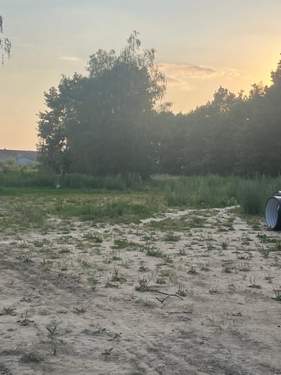 The image depicts an outdoor scene in Stara Iwiczna, Poland, during a sunset. The foreground is a sandy, uneven terrain with sparse vegetation. In the middle ground, there is a patch of green grass and some taller plants. A line of trees forms the background, and a building with a light-colored roof is visible to the left. The sky is a soft gradient of blue and yellow, with some clouds illuminated by the setting sun. To the right of the image, a large, dark, cylindrical object, possibly a pipe, is partially visible. There are no people or animals visible in the scene, and no actions or interactions are occurring. The environment appears to be a rural or semi-rural area on the outskirts of a developed area.