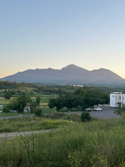 The image depicts a serene landscape with a prominent mountain range in the background. The sky is a soft gradient of pale blue and yellow, suggesting either early morning or late evening light. In the mid-ground, a green expanse of trees and grass is visible, dotted with some buildings and a road. A white and a black car are parked on the side of the road, indicating a residential or developed area. In the foreground, tall green grass and thin branches create a natural border, framing the scene. The overall impression is one of natural beauty and tranquility, with a hint of human presence. The image is oriented vertically, with the mountain range on the left and the road and vegetation on the right.