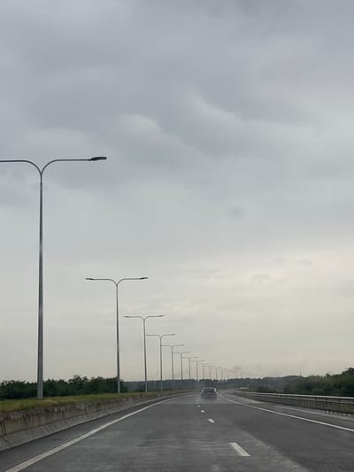 The image shows a highway with a line of streetlights on the left side, receding into the distance. The road is wet, suggesting recent rain. A dark-colored car is driving away from the viewer on the right lane of the highway. Trees and foliage line the sides of the road. The sky is overcast and cloudy. The location is identified as Nigogitis Temi, Georgia.