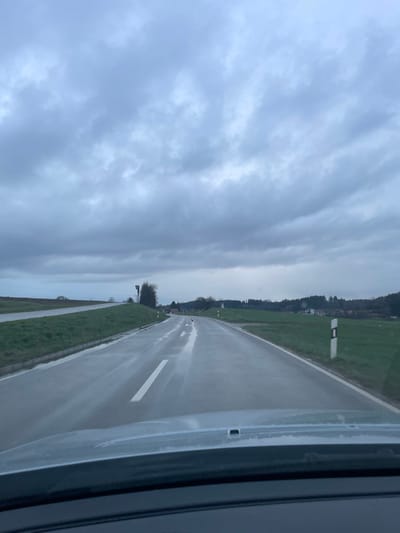 The image captures a forward-facing exterior view from inside a vehicle, focusing on a wet, two-lane asphalt road under an overcast sky, located in the vicinity of Weißenhorn, Germany. The sky is uniformly grey with heavy cloud cover. The road surface reflects the diffused light, indicating recent rainfall. A continuous white line marks the center of the road in the foreground, which curves gradually to the left in the mid-distance. Green grass verges flank both sides of the road. On the left, a grassy embankment slopes upwards, with a dark, pole-mounted device, possibly a speed camera or utility box, visible further back. On the right, a flat, expansive grassy field stretches away from the road, featuring several white-and-black reflective guide posts along the edge and a white triangular road sign in the distance. A cluster of buildings with light-colored roofs, suggestive of a small settlement, is visible amidst trees on the right horizon. The background consists of rolling terrain covered in fields and scattered trees. No individuals or other vehicles are present in the observable scene.