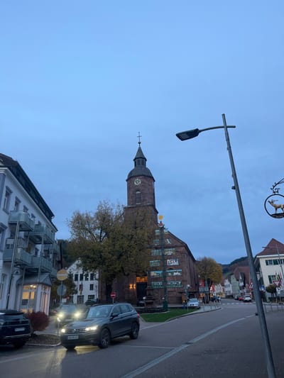 The image presents an urban street scene in Oppenau, Germany, under an overcast, light blue-grey sky, indicative of dusk or early morning. The central subject is the St. Johann Baptist Church, constructed from reddish-brown stone, featuring a prominent, tall bell tower topped with a pointed spire and a cross. A circular clock face is visible on the tower. In front of the church, a tall, slender decorative pole adorned with multiple square panels depicting various scenes or crests stands on a small grassy area, topped with a starburst-like finial. Trees with autumn foliage, showing yellow-orange leaves, are situated adjacent to the church.

On the left, a multi-story building with a light-colored facade features multiple dark-colored metal balconies. A dark-colored SUV, identifiable as a Peugeot 3008, is parked on the street in front of this building. In the immediate foreground, a dark grey Volkswagen Tiguan SUV with its headlights illuminated is in motion on the asphalt road, positioned near a pedestrian crosswalk. Its front license plate bears the regional identifier "OG". Another vehicle with illuminated headlights is visible further down the street, behind the parked SUV.

Road infrastructure includes a "no entry" sign (red circle with white bar) near the left curb and a red octagonal stop sign visible further down the street near the church. On the right side of the frame, a tall, grey street light pole with a modern, rectangular LED fixture is prominent. Attached to an ornate wrought-iron bracket, a sign with a golden deer silhouette within an oval frame and the word "Dunkel" is visible. Behind this sign, a light-colored building with a brown roof displays several flags, including the German national flag. Distant hills with sparse structures are visible in the background, suggesting a valley setting. No individuals are clearly discernible within the frame.