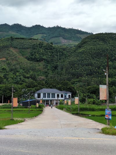 The image depicts a road leading towards a modern building surrounded by lush green vegetation and a mountainous backdrop under an overcast sky. The building, white with dark-trimmed windows, appears to be a commercial or public facility, situated amidst a rural landscape in Tan Thanh Commune, Vietnam. Several orange and blue posters are mounted on utility poles along the road, displaying Vietnamese text and imagery. In front of the building, a person is seen riding a motorcycle on the road. The road is paved with concrete and gravel, bordered by vibrant green rice paddies and other foliage. The mountains in the background are densely covered with trees, with visible terraced fields on some slopes. The overall scene suggests a tranquil, yet functional, environment in a Vietnamese commune.