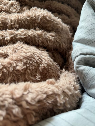 The image is a close-up, high-angle shot of a fluffy, tan-colored blanket or throw that is folded and layered. To the right of the blanket, a light blue fabric with thin, vertical stripes is visible, appearing to be part of a pillow or sheet. The lighting suggests a natural, possibly indoor setting. There is no indication of the city of Svetlia, Bulgaria, or any other specific geographical location. The image focuses solely on the textures and colors of the textiles.