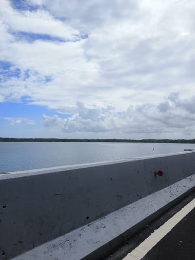 The image depicts a view of a body of water from what appears to be a road or bridge. In the foreground, there is a concrete barrier, likely a Jersey barrier, with a white stripe marking the edge of the road to its right. The barrier is textured and shows signs of wear. In the water, there are a few buoys, one with a yellow marker. The background consists of a dense line of trees forming a horizon, and above that, a sky filled with a mix of white and gray clouds with patches of blue sky visible. The scene is devoid of any people or specific structures that would definitively place it within South Denpasar, Indonesia, or any other specific city. It captures a natural landscape with elements of infrastructure.