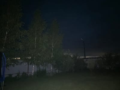 The image shows a nighttime scene in what appears to be a rural or suburban area. In the foreground, there is a patch of green grass. Behind the grass, a fence is visible, stretching horizontally across the middle ground. Several trees with green foliage are situated behind the fence, their branches and leaves silhouetted against the dark sky. One tree in the far left appears to have some blue material partially visible, possibly part of a structure or object. In the background, a street lamp with a light fixture is visible, its pole extending vertically. The sky is dark and appears to be clear or lightly clouded. The overall impression is of a quiet, outdoor space at night. There is no indication of the specific location within Shebarshino, Russia, beyond the general outdoor setting. No people or any specific actions are depicted.