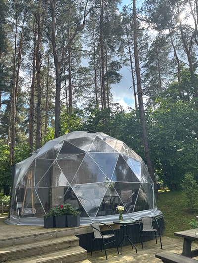 The image captures a geodesic dome structure situated on a wooden deck in a natural, wooded setting, likely Priedesmuiža, Latvia. Tall pine trees with slender trunks and sparse needles dominate the background, with sunlight filtering through their branches, suggesting a daytime scene on a clear or partly cloudy day. The dome itself is constructed from clear plastic panels supported by a white frame, offering a transparent view of the interior. Inside, simple furniture, including chairs and a small table with a vase of flowers, is visible, indicating the space is set up for outdoor dining or relaxation. Two black chairs and a table are positioned on the wooden deck just outside the dome, and another table with seating is partially visible in the upper right corner. A few black planters containing greenery and a single red flower are placed against the side of the dome. The overall atmosphere is serene and inviting, suggesting a peaceful retreat amidst nature. There is no visible text in the image.