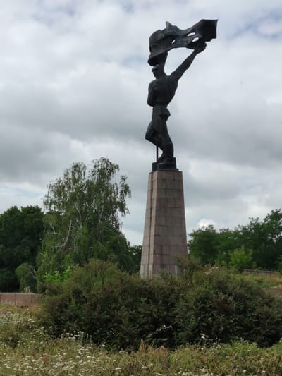 The image shows a statue of a man holding a flag against a cloudy sky. The statue is made of dark metal and stands on a tall, stone pedestal. The man is depicted in a dynamic pose, with his arm raised, holding a tattered flag that appears to be blowing in the wind. The statue is located in the village of Balyko-Shchuchynka, Ukraine, a site of historical significance related to the Second World War. The foreground of the image is filled with dense green bushes and scattered white wildflowers. In the background, several trees with green foliage are visible, along with a portion of a concrete barrier. The overall scene is somber, with the overcast sky contributing to a dramatic atmosphere.