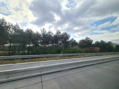 The image depicts a roadside scene, likely taken from a moving vehicle, overlooking a highway in Wiener Neustadt, Austria. The foreground shows a concrete barrier, a common safety feature on roadways. Beyond the barrier, a metal guardrail separates the highway from a strip of dry, yellowish grass. Further in the background, a dense line of tall, dark green pine trees forms a natural border. Above the trees, a dramatic sky fills the upper portion of the image, characterized by a mix of bright white and dark grey clouds, suggesting dynamic weather conditions with sunlight breaking through. The time of day appears to be late afternoon or early evening, given the angle of the light and the cloud formations. There are no people visible in the image, and the overall mood is one of a typical, somewhat overcast, day along a scenic route. No visible text is present.