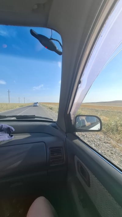 The image is taken from the interior of a moving vehicle on a sunny day. The view is through the windshield and the passenger side window, looking out at a rural road in Boraldai, Kazakhstan. The road stretches ahead, with a few cars visible in the distance. The landscape on either side of the road is dry, golden grassland, with sparse vegetation and utility poles lining the road. The sky is a clear blue with a few wispy clouds. Inside the car, the dashboard and part of the passenger door are visible. A dashcam is mounted on the windshield. The reflection in the side mirror shows a person holding a phone.