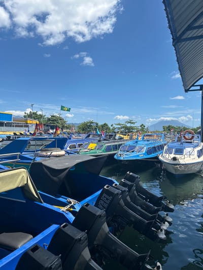 The image depicts a bright, sunny day in the city of Tidore Islands, Indonesia, likely at a harbor or dock. The foreground is dominated by several blue motorboats lined up, with their outboard motors visible and partially submerged in the water. Some of these boats are covered with black tarps, while others have visible seating. In the mid-ground, a variety of motorboats are docked, including a bright blue passenger boat with a white hull and a life preserver, and several green and blue boats. Several flags, including what appears to be a green flag and flags with red and yellow bands, are flying from some of the boats. In the background, there is a cluster of buildings with yellow and blue accents, trees, and a large mountain with a slightly hazy summit is visible on the horizon under a clear blue sky dotted with white clouds. The overall scene suggests a busy water transportation hub.