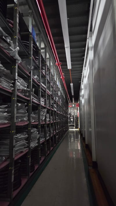 The image depicts a long, narrow storage facility or warehouse, potentially in La Tijera, Mexico. The scene is dominated by rows of shelves extending into the distance. The shelves are metal and appear to hold items packaged in plastic wrap. A red pipe runs along the left side of the storage space, near the ceiling. The lighting is uneven, with bright areas near the entrance and dimmer sections further inside. The walls and ceiling are industrial in appearance.