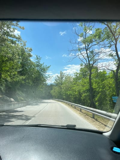 The image is a view from inside a moving vehicle, likely a car, on a winding road. The location is inferred to be Bukovo, Bulgaria. The road is asphalt with a gray metal guardrail on the right side. Lush green trees border the road, with a blue sky and scattered clouds visible through the treetops. The interior of the vehicle is visible, including a portion of the dashboard and the side window frame. There are no people visible. The primary action is movement along the road. The environment is a bright, sunny day in a rural, wooded area.