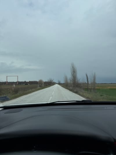 The scene depicts a straight, asphalt road receding into the distance, viewed from inside a vehicle in Stroevo, Bulgaria. The vehicle's dark gray dashboard and a black windshield wiper are visible across the bottom of the frame. The road features a solid white center line. To the left of the road, a dirt verge precedes an open field, beyond which an empty, reddish-brown rectangular billboard frame stands on a pole. Further along the left horizon, sparse bare trees and indistinct structures are present. To the right of the road, a similar dirt verge borders an open field, with several tall, bare deciduous trees, some exhibiting light-colored blossoms, lining the roadside. Patches of green vegetation are visible in the fields on the right. The sky is uniformly overcast, presenting a solid gray cloud cover. No individuals, specific actions, or interactions are discernible in the exterior scene.