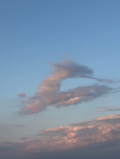This is a vertical, eye-level shot of a pale blue sky with wispy, pink-tinged clouds. The clouds are concentrated in the lower half of the frame, with one prominent formation in the center that resembles a stylized, abstract shape. A few dark, small shapes, possibly birds, are visible against the sky. The lighting suggests either sunrise or sunset. The scene is devoid of any urban elements, and its location in Ufhusen, Switzerland cannot be determined from the visual information provided. There are no people, subjects, objects, actions, or interactions depicted in this image.