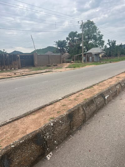 The image shows a rural road in Kona Garu, Nigeria. The road is paved and has a concrete curb on the right side. The road is bordered by a sandy embankment with sparse vegetation. On the left side of the road, there are several structures, including buildings made of corrugated metal and some huts. A utility pole with electrical wires stands prominently. Lush trees, including palm trees, are visible in the background. The sky is overcast with clouds. The image appears to be taken during daylight. There is no visible text. The scene depicts a typical rural setting with a focus on infrastructure and local architecture.