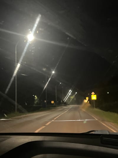 A night view from a vehicle, presumably a truck, traveling on a road. Street lights are visible along the roadside, as well as road signs. The location is likely near the city of Бизяки, Russia, as indicated by the Russian road signs. The road appears wet.