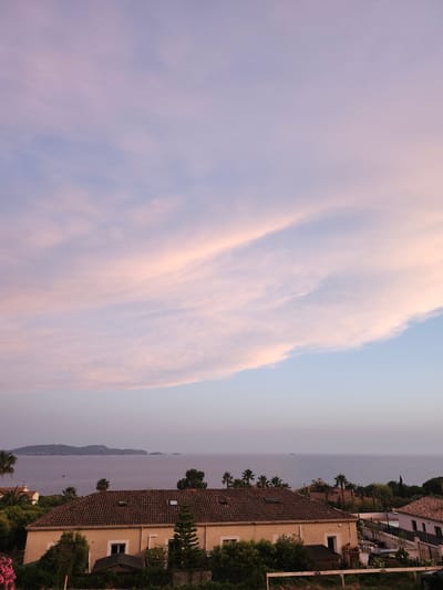 Captured at a sideways angle, the image reveals a picturesque coastal scene in Carqueiranne, France. Dominating the left is a pastel-colored sky, transitioning from light blue to soft pink with wispy cloud formations. To the right, a row of buildings, characterized by terra-cotta tile roofs and cream-colored walls, suggests residential architecture, with glimpses of windows and lush greenery. The foreground features palm trees and verdant foliage, hinting at a Mediterranean landscape. A body of water, likely the Mediterranean Sea, lies between the buildings and the sky, with distant landmasses barely visible through the hazy atmosphere.