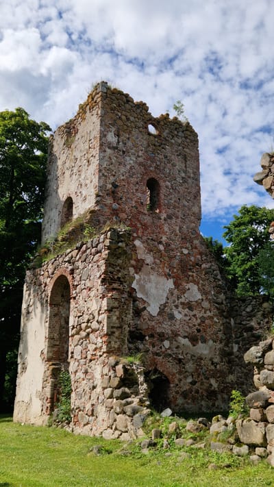 The image depicts the ruins of a castle tower in Embūte, Latvia. The tower is constructed of stone and brick, with large portions of the walls crumbled and missing. Several arched openings are visible, some of which appear to be former windows or doorways. Vegetation, including grass and small trees, is growing among the ruins and in the surrounding grassy area. The sky above is partly cloudy with white and gray clouds against a blue background. The scene is bathed in daylight, casting shadows on the structure. No people or animals are present in the image.