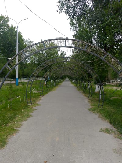 A perspective shot of a park pathway in Shirin, Uzbekistan, is captured. The pathway, made of grey asphalt, is flanked by a grassy area on the left and a more distant, well-maintained green lawn on the right. Overhead, a series of metal archways forms a tunnel-like structure. These archways, constructed of dark metal, are adorned with what appear to be string lights, though they are not illuminated. Several tall, thin trees with dark green foliage stand behind the archways, contributing to the park-like atmosphere. To the left of the pathway, a tall, white lamppost with two arms, supporting streetlights, is visible. The sky above is overcast and bright. There are no people or animals present in the image.