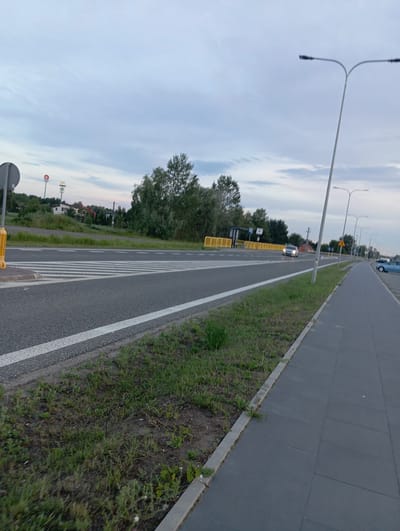 The image shows a street scene in Dybów Kolonia, Poland. The foreground features a paved sidewalk with a grassy strip adjacent to a road with a pedestrian crossing. In the midground, the road has white markings and a central line, with a car driving on it. To the left of the road, there is a yellow barrier and further in the distance, a McDonald's sign is visible. The background consists of trees and buildings, with streetlights lining the road. The sky is overcast.