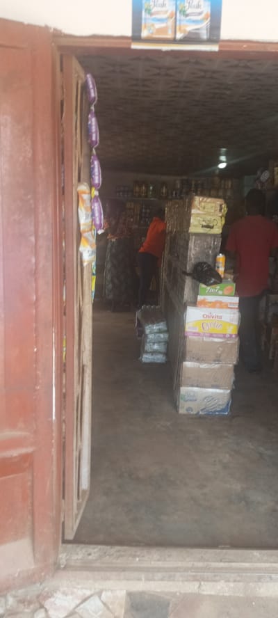 The image shows the interior of a small shop, likely located in Tangu, Nigeria. The entrance is framed by a partially open red door. Inside, two individuals are visible: one in an orange shirt and the other in a red shirt. A woman wearing a patterned dress is standing near the back. Boxes of "Chivita Exotic" juice and other products are stacked near the entrance. Bags of goods are on the floor. Shelves filled with various items line the back wall. A sign for "Peak" milk is displayed above the entrance. The floor is concrete.