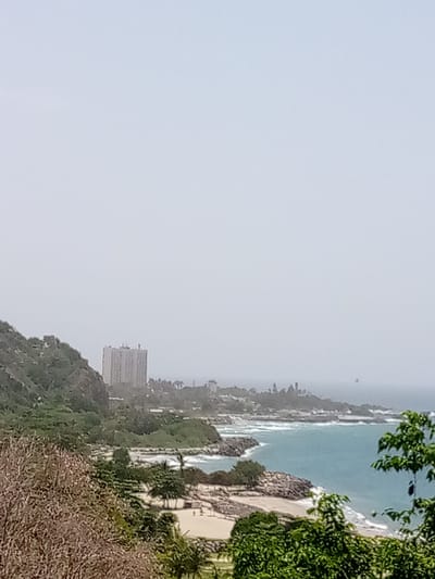 The image depicts a hazy coastal scene in Camurí Grande, Venezuela. A tall, rectangular building, possibly a hotel or apartment complex, stands on a hillside overlooking the ocean. The coastline is dotted with trees and vegetation, with a sandy beach visible in the mid-ground. The ocean is a vibrant turquoise, with waves gently breaking on the shore. In the foreground, the branches of a dry, leafless tree partially obscure the view. The overall atmosphere is one of a somewhat overcast day, with a noticeable haze obscuring distant details. There are no visible people or animals in the frame.