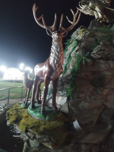 This is a low-light, outdoor photograph of a statue display at night. The primary subjects are two deer statues, one significantly larger than the other, positioned on a rocky, artificial landscape that includes faux moss and greenery. The larger deer is in the foreground and is a reddish-brown color with large antlers. The smaller deer, to the left and behind the larger one, is also reddish-brown. Behind the deer and to the right, a large eagle statue is perched on the rocks, partially obscured. The background shows a dark night sky with distant lights, possibly from streetlights or buildings, and a blurred structure that could be a dome-shaped building or tent. A metal fence is visible in the middle ground, separating the display area from a grassy field beyond. The overall scene suggests a decorative installation, potentially in a park or public space. The location in the city of Sosnovka, Kyrgyzstan, is not visually discernible from the provided image alone; this information is external context.