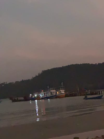 The image depicts a coastal harbor scene in Preah Sihanouk, Cambodia, at dusk or night under an overcast, dark grey-purple sky. In the background, a dark, densely tree-covered hill or mountain spans the horizon. The midground features calm water reflecting artificial lights.

Three large vessels, likely fishing or utility boats, are moored in the water. The central boat has a blue hull and white superstructure, while the vessel to its right has an orange-brown hull and white superstructure. Both display active interior lights, emitting yellow and white glows from windows and decks, along with exterior red and white navigation lights. The leftmost large vessel is partially obscured and appears darker. A pier or dock structure, composed of vertical posts and horizontal elements, is partially visible behind and to the right of these large boats, with a red light illuminated on or near it. Further to the right in the water, a smaller, dark blue open motorboat with an outboard engine is present.

The foreground shows an indistinct, dark shoreline, possibly sand or mud, receding into the water. No individuals are clearly discernible on any vessel or the shoreline. The vessels are stationary, and their active lighting suggests either occupancy or readiness.