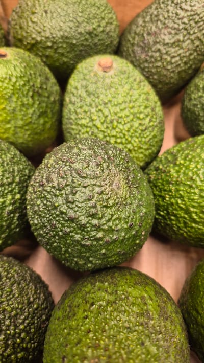 A close-up, overhead view of a pile of Hass avocados. The avocados are predominantly green with some dark speckles, and their bumpy skins are visible in detail. The background appears to be a light brown surface, possibly cardboard or wood, which suggests the avocados are in a crate or display. No people are present in the image, and no specific location within Līvāni, Latvia, can be identified. The scene is static and focuses solely on the fruit.