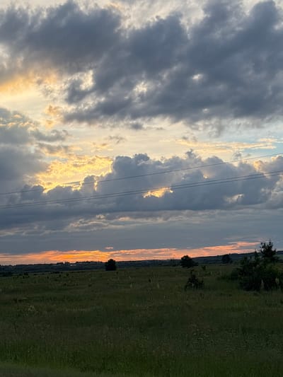 This is a landscape image captured outdoors in Im. Tattsika, Russia. The scene depicts a vast, open field stretching towards a horizon dominated by a dramatic sky. The time of day appears to be either sunrise or sunset, as evidenced by the warm, golden and orange hues illuminating the clouds along the horizon. The sky is a dynamic mix of dark, heavy clouds and lighter, brighter formations, suggesting a partly cloudy or possibly stormy weather condition.

Several thin, dark lines, likely power lines, cut across the upper portion of the image, adding a man-made element to the natural landscape. In the distance, silhouetted trees and a line of vegetation mark the edge of the field and the beginning of a more forested or developed area. The field itself is covered in lush green grass, hinting at a rural or agricultural setting.

The image conveys a sense of vastness and natural beauty, with the dramatic sky creating a potentially awe-inspiring or melancholic mood, depending on the viewer's interpretation. There is no visible text in the image. The photograph is oriented vertically, with the landscape running from the bottom left to the top right of the frame.