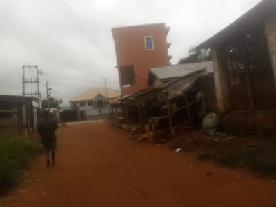 In Nanka, Nigeria, an individual walks along a dirt road lined with structures, including a multi-story orange building with a blue window and a tin-roofed market stall. Electrical poles and wires are visible in the background. The scene appears to be a commercial area with some debris and vegetation present.