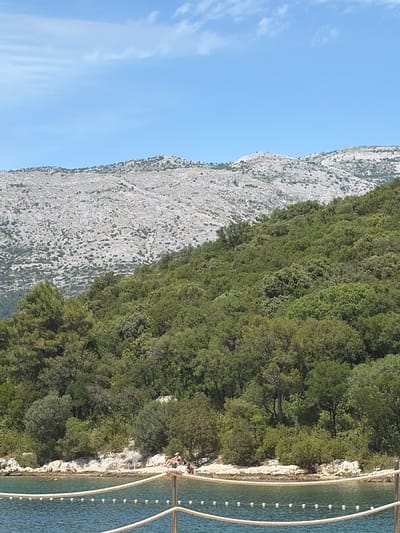 This detailed image captures a sunlit coastal landscape in Grad Korčula, Croatia. The upper portion of the frame features a clear, pale blue sky with minimal scattered white clouds, transitioning to a range of rugged, grey limestone mountains. These mountains are sparsely covered with small, dark green scrub vegetation, creating a mottled texture. Below the mountains, a dense expanse of lush, dark green Mediterranean forest and maquis covers the sloping terrain, extending down to the water's edge. In the foreground, a calm body of turquoise-blue water is visible, indicating a bay or cove. A narrow, light-colored rocky shoreline separates the water from the dense vegetation. On the rocky shore, to the right of the frame, a white plastic chair is placed near two individuals. One person is seated, appearing to relax or sunbathe, while the other is partially visible nearby. In the immediate foreground, a rope barrier with evenly spaced white and yellow cylindrical buoys stretches horizontally across the water, delineating a swimming area. The barrier is anchored by a metal post visible on the far right.