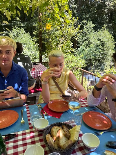 A group of people are seated at an outdoor table with a red and white checkered tablecloth. The table is set with orange plates, white bowls, and cutlery. In the foreground, a basket of bread is visible. A person with blonde hair, wearing a yellow top, is seated in the middle of the frame, looking down at their phone. To the left, a person with blonde hair and a blue shirt is also looking at their phone. In the background, trees and foliage create a lush, green environment, suggesting a location in a natural setting. There is also a yellow object hanging from a tree. The scene appears to be a casual meal outdoors, possibly at a restaurant in Agno, Switzerland, given the presence of the checkered tablecloth and the outdoor dining setup.